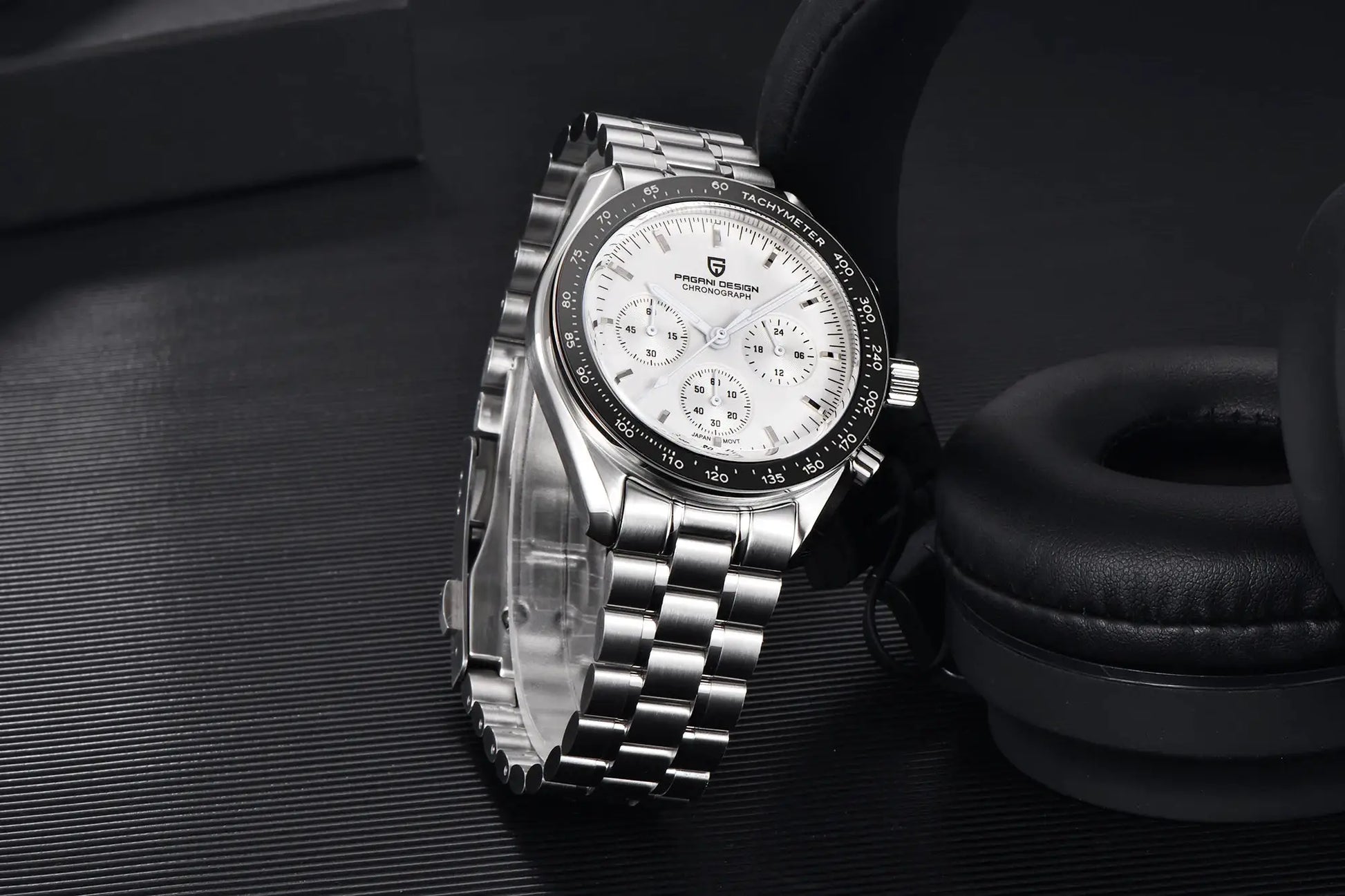PAGANI DESIGN men's chronograph watch with stainless steel bracelet, white dial, black tachymeter bezel