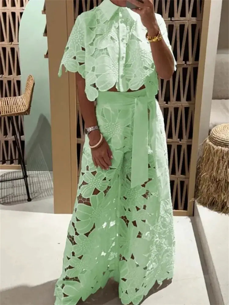 Women Hollow Out Two Piece Wide Leg Pants Set Lace Casual Style