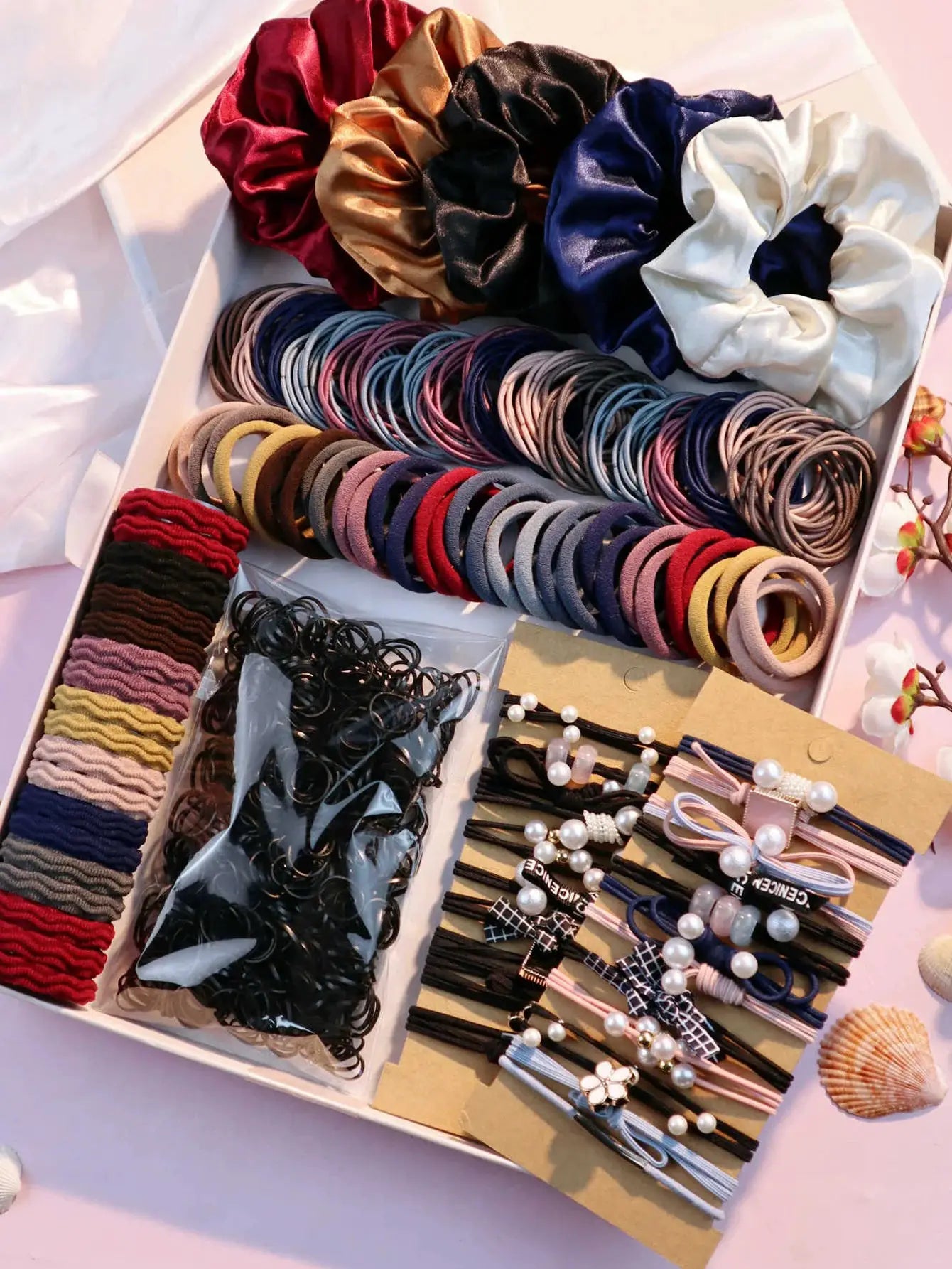 1085pcs dark hair accessories set by Simples Market with assorted scrunchies, ponytail holders and hair ties