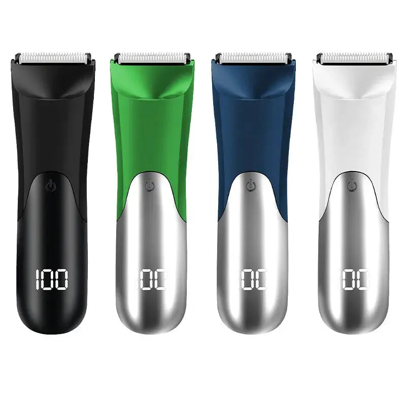 Simples Market men's groin body hair trimmer set with ceramic blade; wet/dry electric ball shaver in black, green, blue and white (4-color) with 2 guards