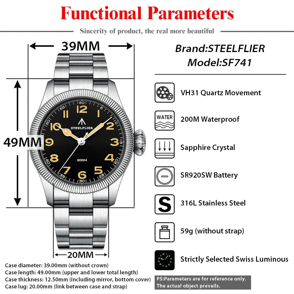 STEELFLIER SF741 wristwatch with stainless steel bracelet, black dial, luminous numerals, 200M water resistance
