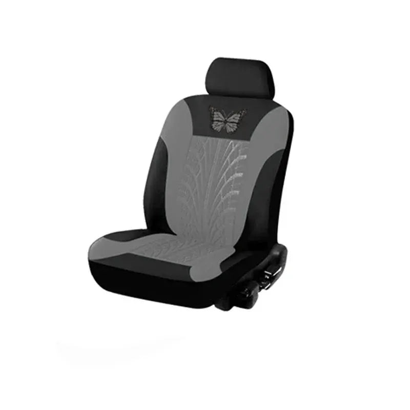 Car seat cover full set with gray center, black sides and butterfly embroidery.