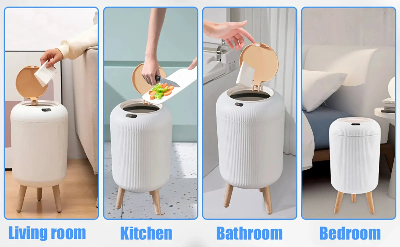 Automatic trash can with lid by Simples Market, white plastic with wooden legs and motion sensor; four-room display.