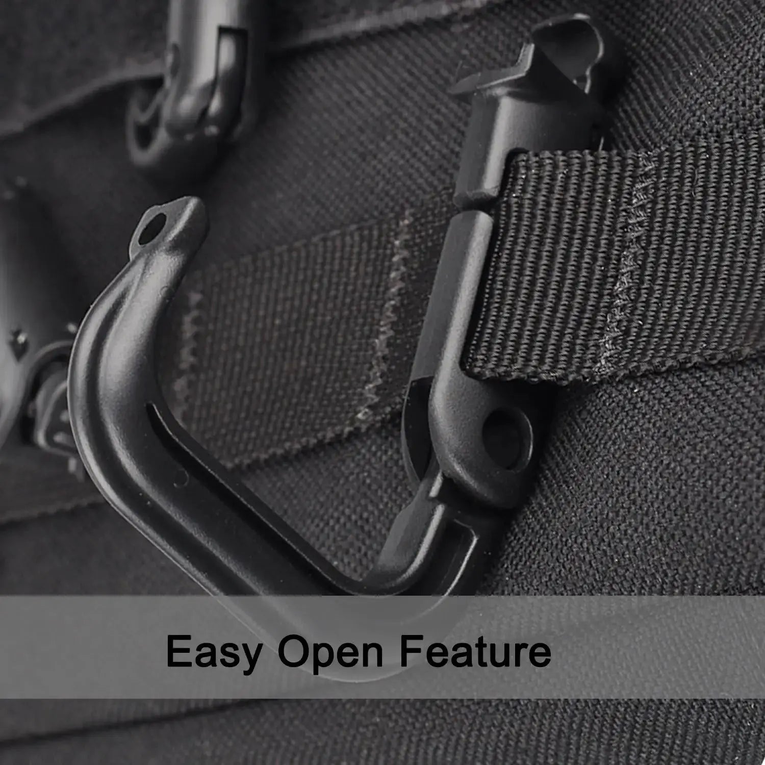 Tactical D-ring carabiner by Simples Market with Grimlock locking plastic clip on black MOLLE webbing