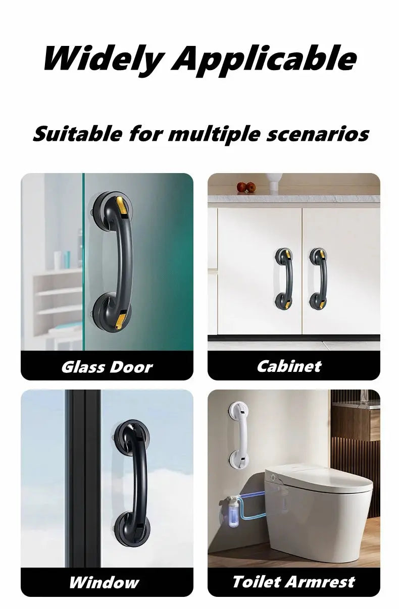 Black suction grab bar for bathroom; four installation scenarios: glass door, cabinet, window, and toilet area