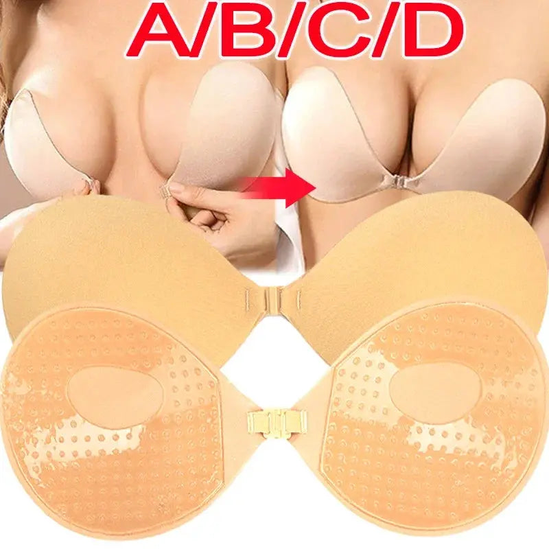 Women's nude strapless adhesive bra with silicone cups for backless push-up support