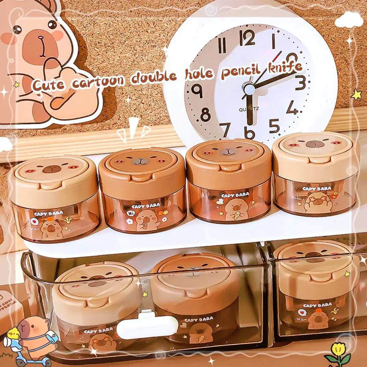 Simples Market cute capybara pencil sharpener set; 8 flip-top dual-hole sharpeners in peach-tan containers.