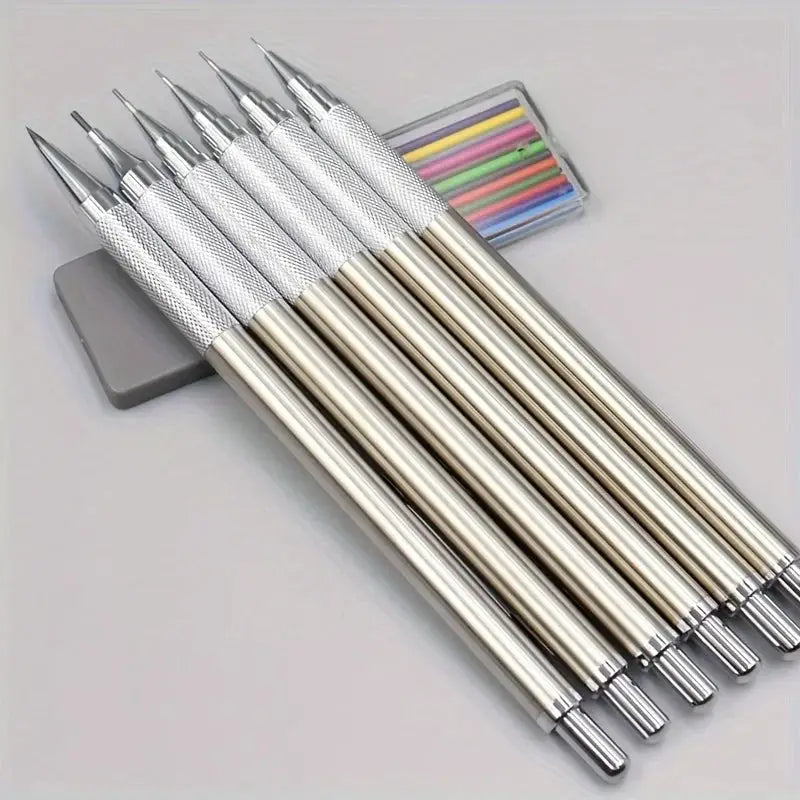 Simples Market all-metal mechanical pencils set with knurled grips and retractable tips; includes lead refills.