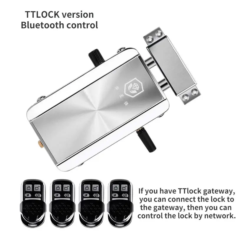TTLock Bluetooth smart door lock in silver with four remote key fobs, Simples Market