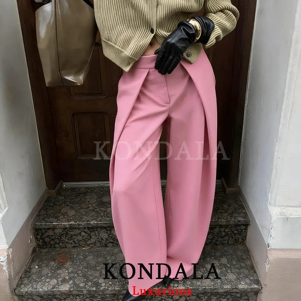 KONDALA Casual Chic Wide Leg Pants For Women High Waist Pleated Trousers With Pockets Office Lady