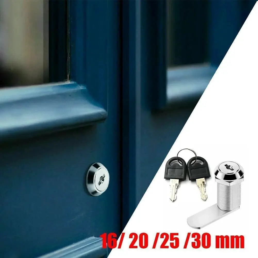 Cam lock with two keys for cabinet or drawer doors; silver metal cylinder with mounting plate (16/20/25/30 mm)