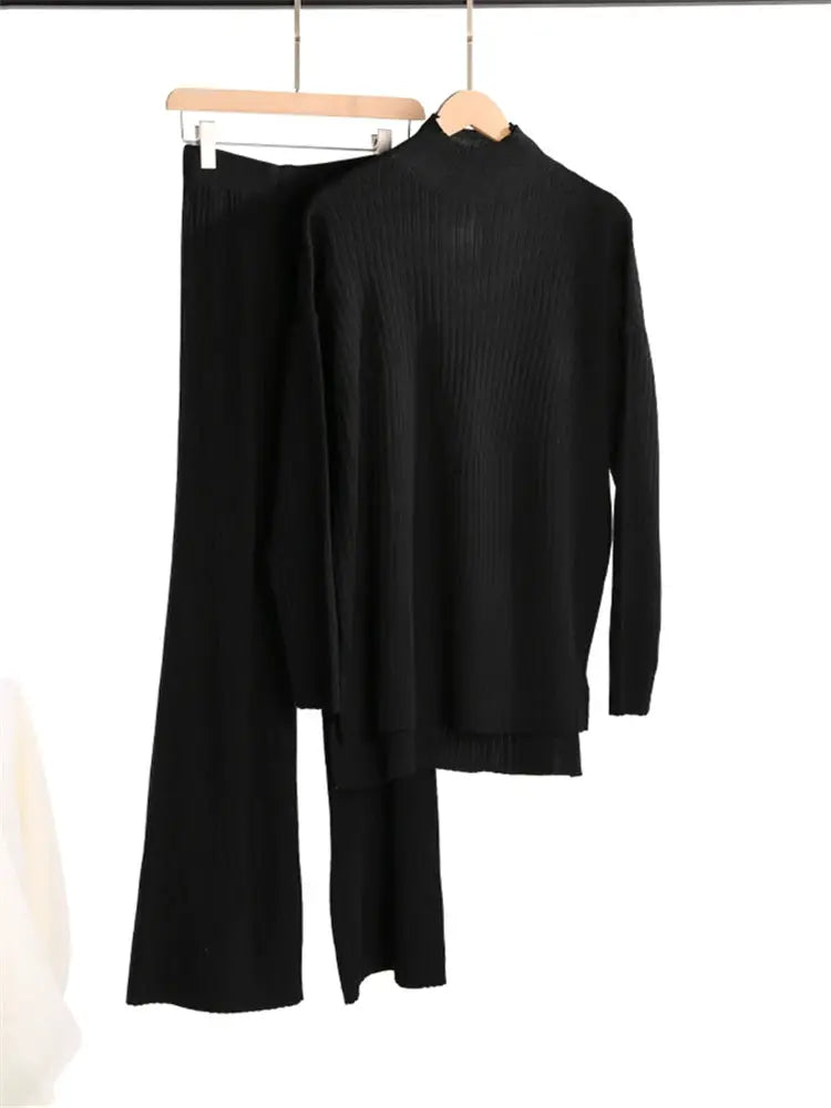 CozyNest Autumn Winter Two Piece Knitted Tracksuit Set With Turtleneck Sweater And Wide Leg Joggers For Women