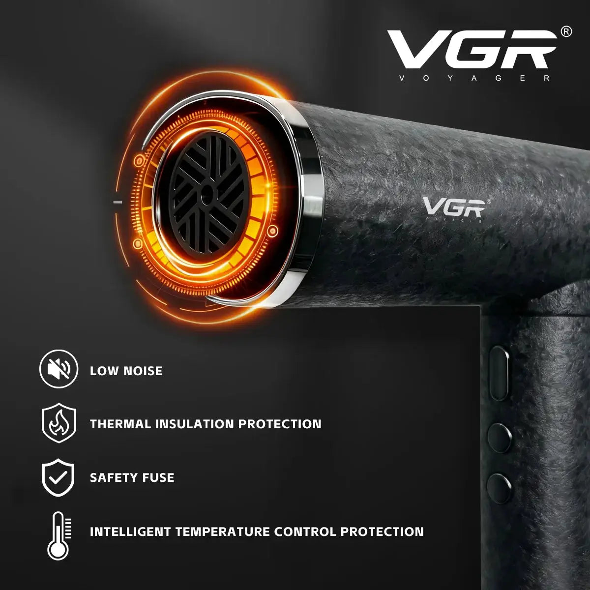 VGR hair dryer with black textured barrel and orange glow around the nozzle; Simples Market logo visible.