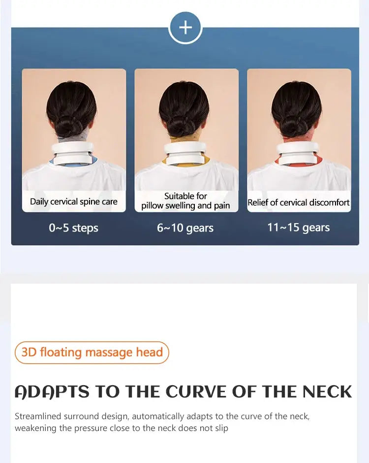 Simples Market neck massager, rechargeable low-frequency pulse with 3D floating head, shown with blue, yellow, and red straps.