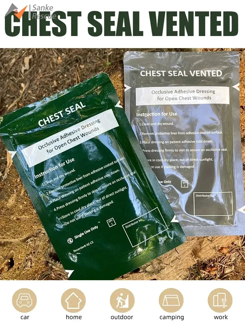 Chest Seal Vented occlusive dressing packs (2) in green and silver for open chest wounds
