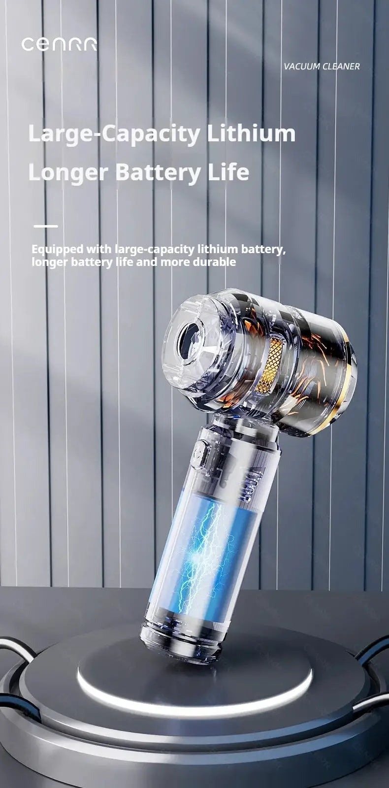 CENRR car vacuum cleaner by Simples Market, wireless handheld with transparent body and blue inner chamber