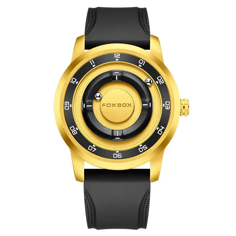 FOXBOX gold-tone men's watch with black silicone strap and black dial; quartz movement