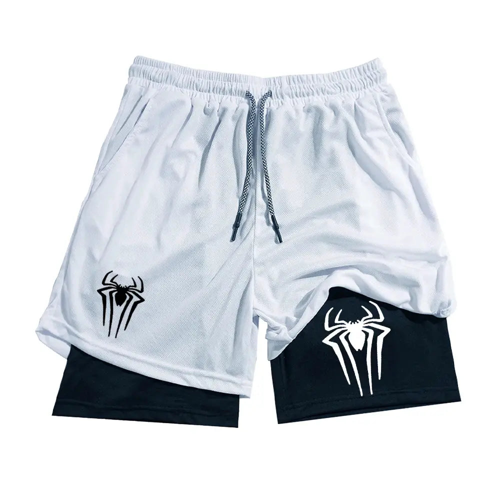 Men's Y2K spider-printed 2-in-1 mesh performance shorts, white outer layer over black inner shorts