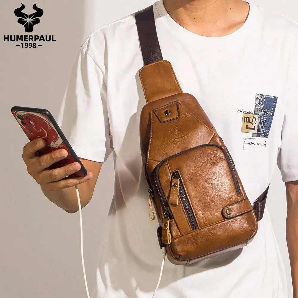 HUMERPAUL men's USB chest bag in brown genuine leather; crossbody sling with multiple zip pockets