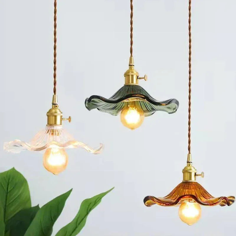 Nordic minimalism LED pendant lights, colorful glass shades with copper hardware, hanging lamps (set of 3)