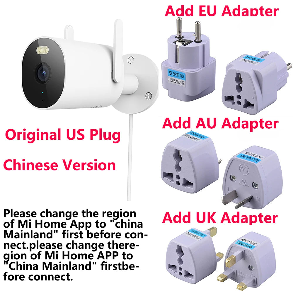 Xiaomi Mijia Outdoor Camera AW300 2K IP66 surveillance camera with mounting bracket and EU/AU/UK plug adapters