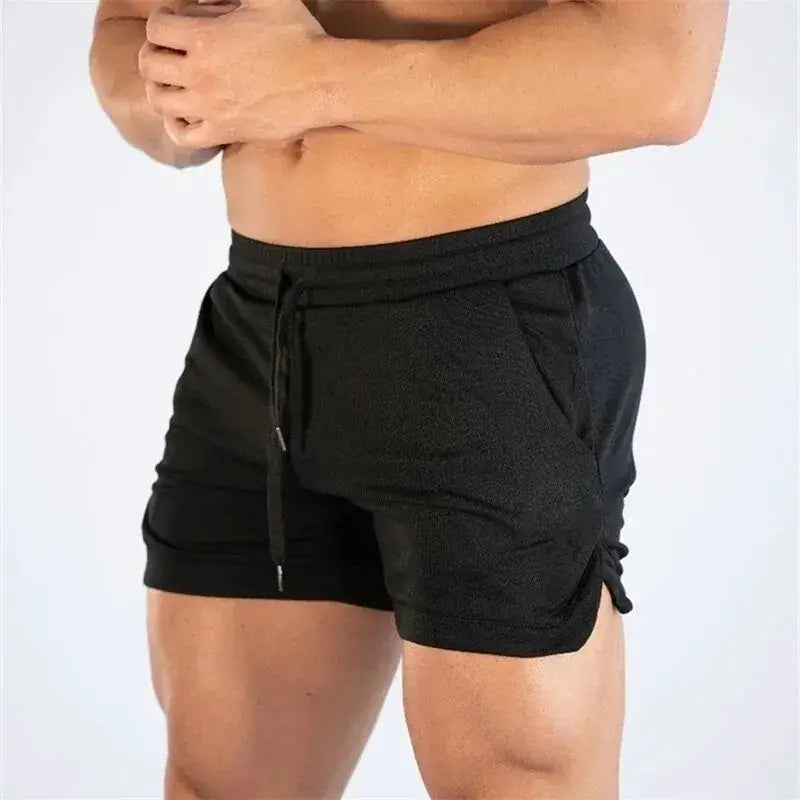 Men's black fitness shorts with drawstring waistband for gym and running workouts