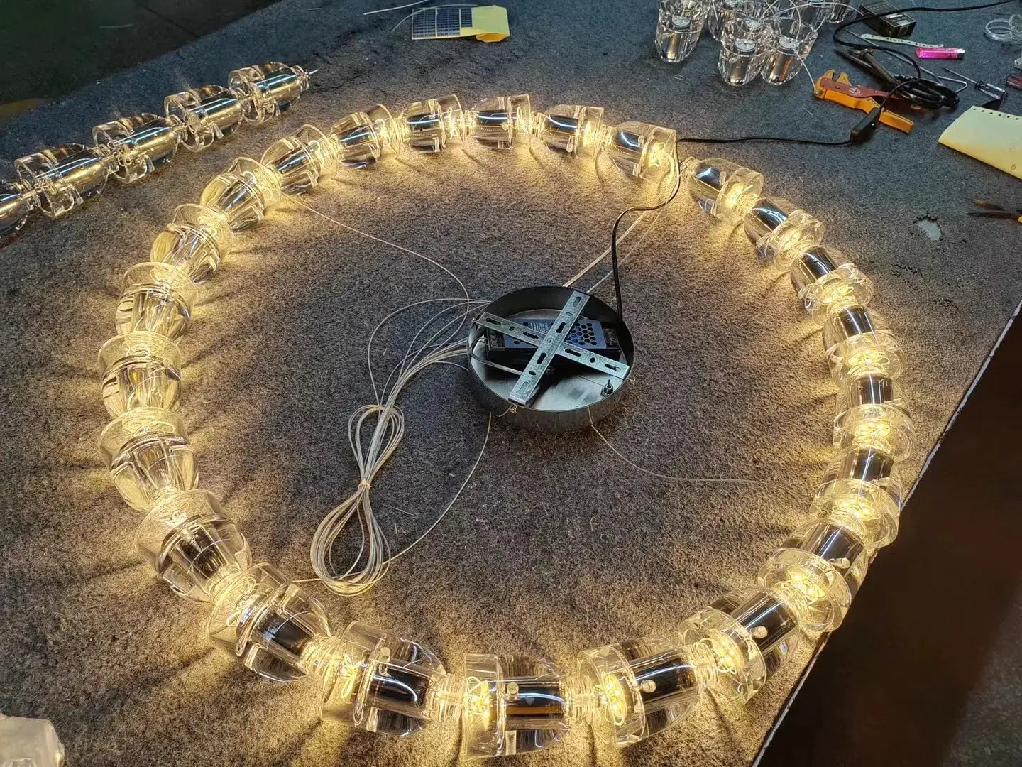 Necklace chandelier ceiling light with multi-strand clear crystal acrylic beads; circular ring, adjustable length