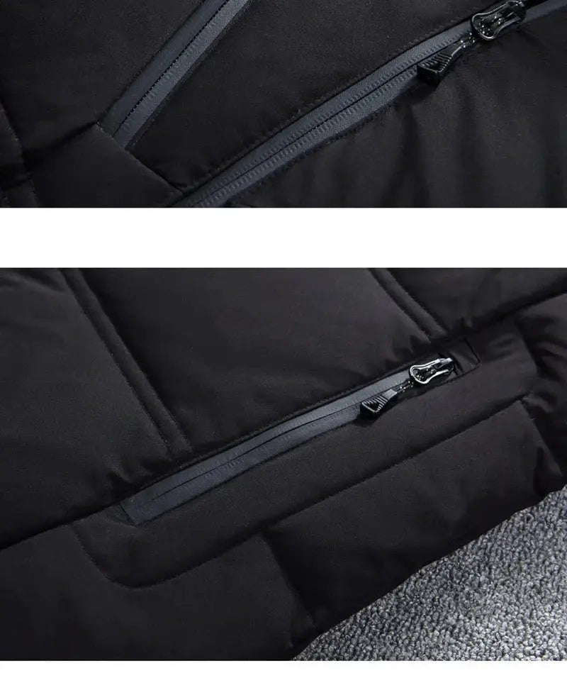 Men's black hooded down jacket by Simples Market with zip pockets and thick padding