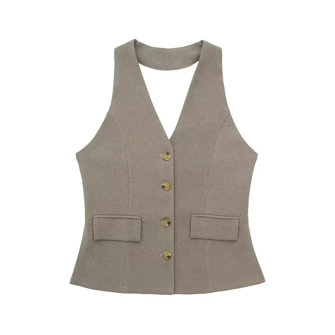 HH Women Pant Suit Set Halter Vest Blazer Top Zipper Pants Office Lady