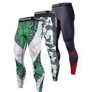 Men's compression pants set, 4 pairs in green camo, white camo, gray camo, and black with red accents.