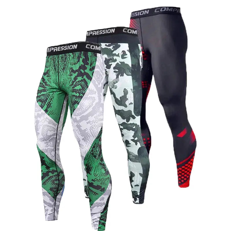 Men's compression pants set, 4 pairs in green camo, white camo, gray camo, and black with red accents.