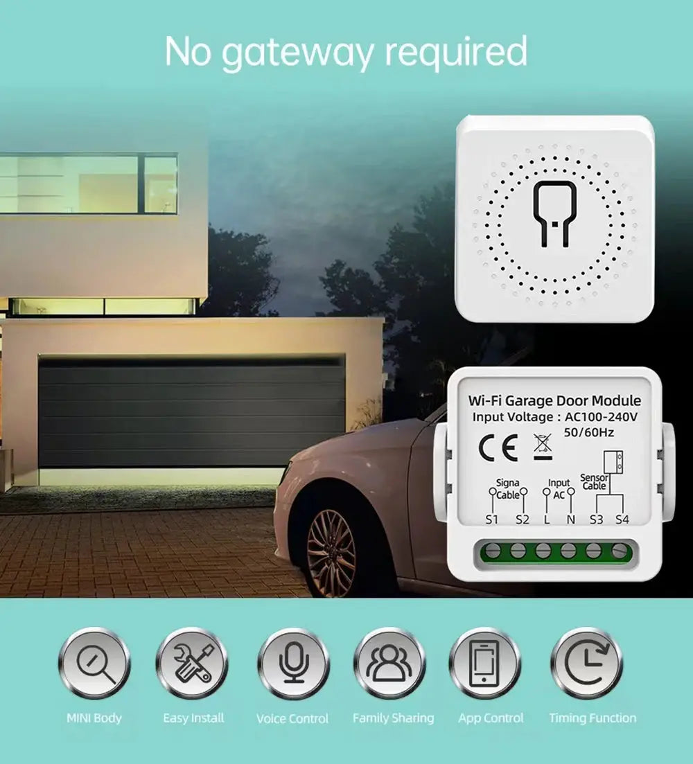 Simples Market white Wi-Fi garage door opener module with sensor disk; app control, Alexa/Google Assistant.