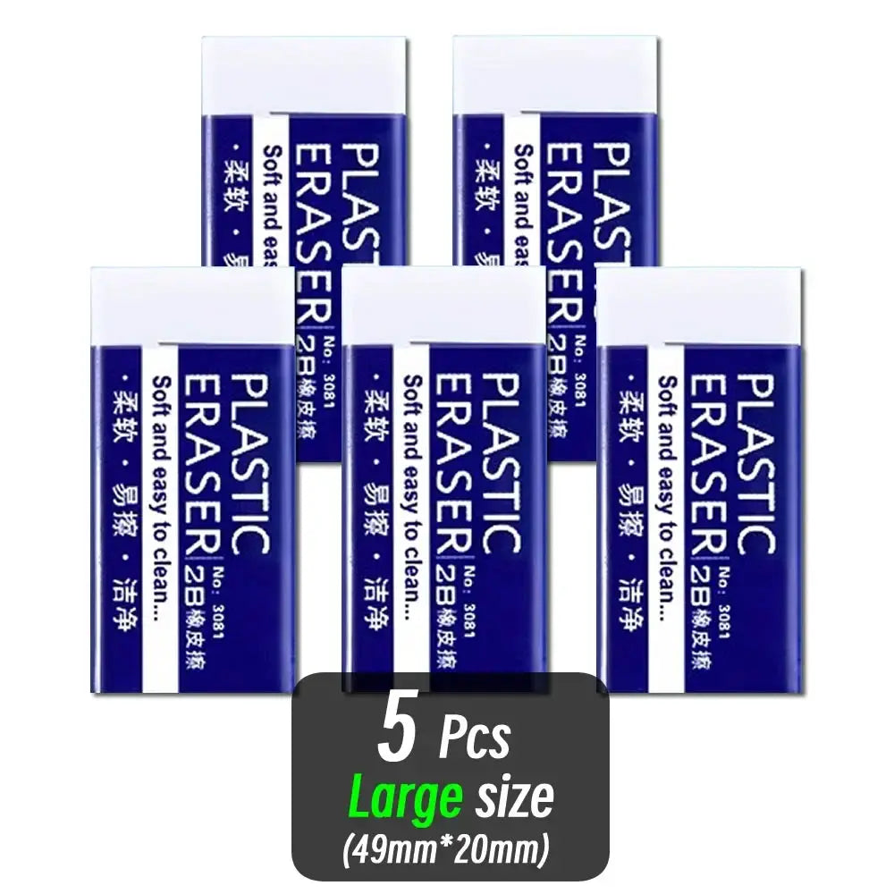 Plastic eraser pack by Simples Market, 5 large blue-and-white erasers (49mm x 20mm)