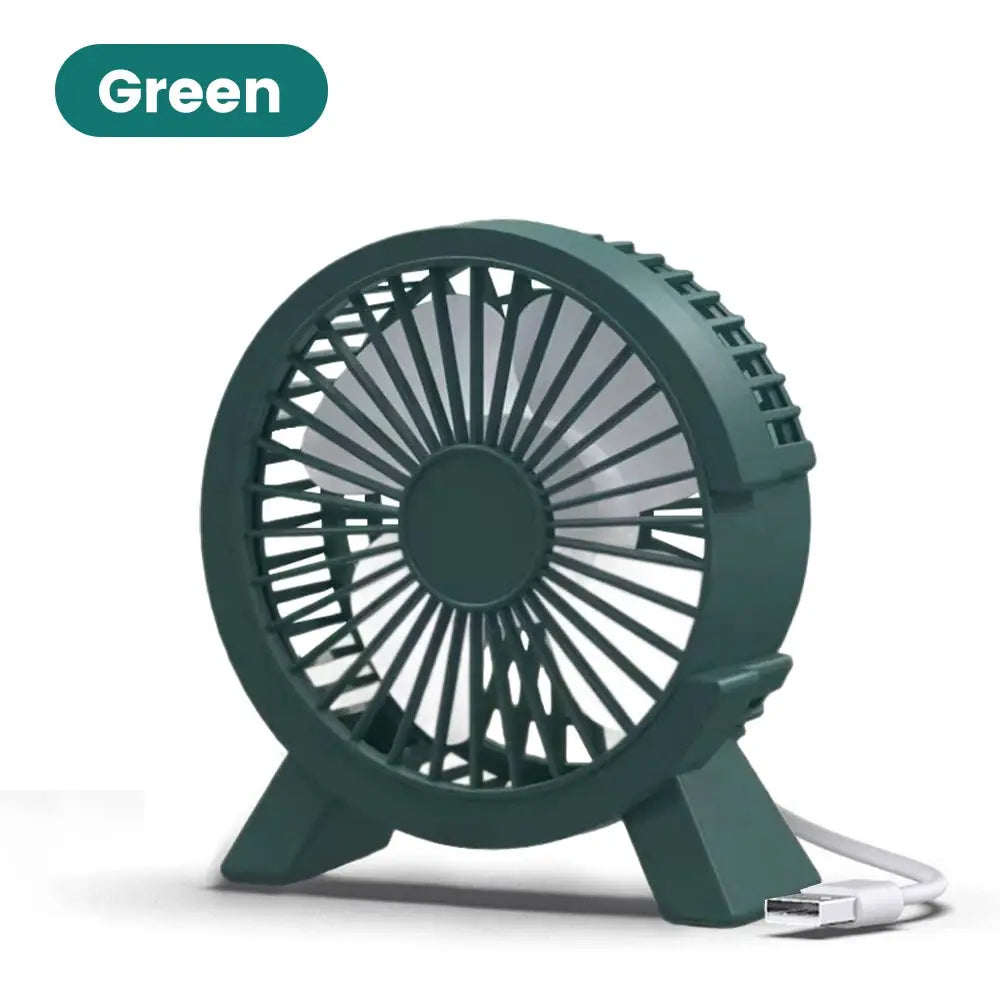 Mini USB rechargeable table fan in green for desktop, dorm and office use