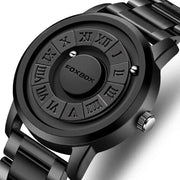 FOXBOX men's black stainless steel watch with Roman numeral dial and crown