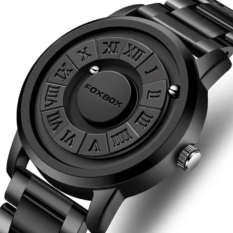 FOXBOX men's black stainless steel watch with Roman numeral dial and crown