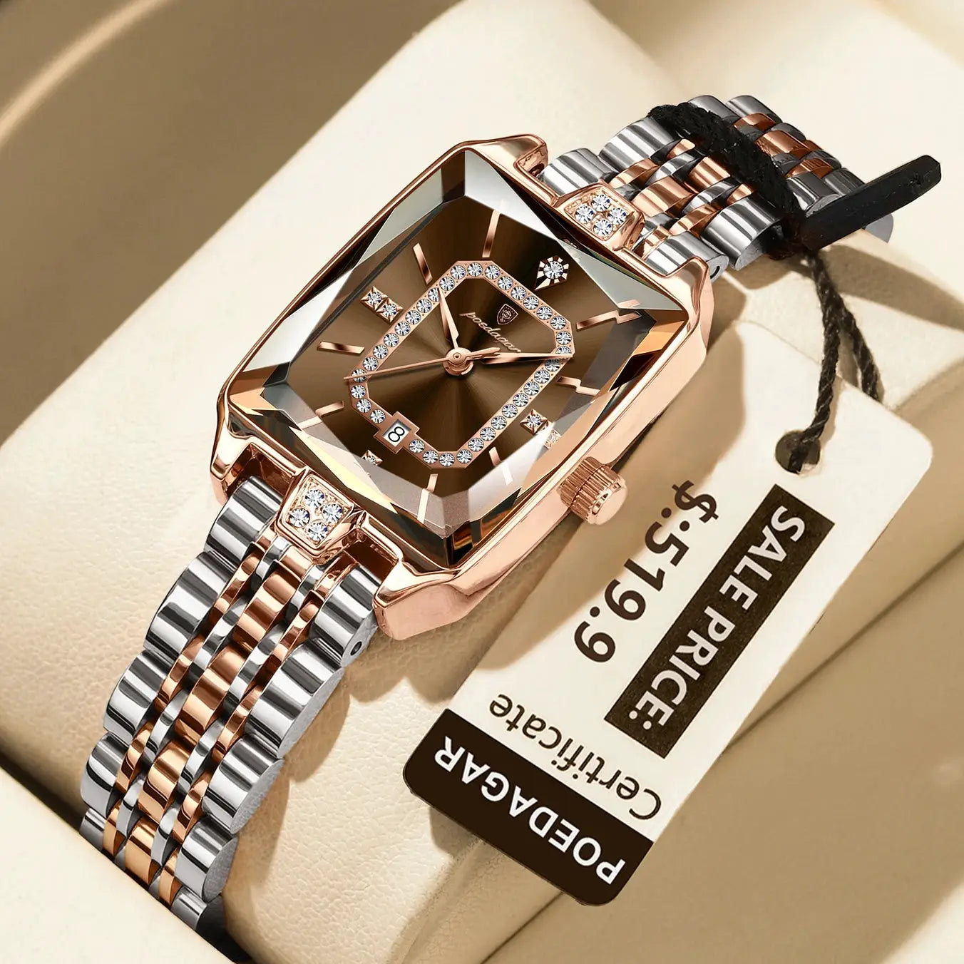 POEDAGAR women's luxury rectangular watch; rose gold and silver stainless steel bracelet with crystal bezel and calendar