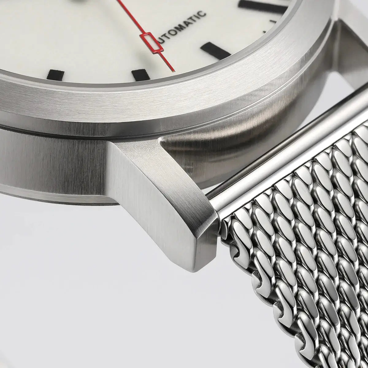 BERNY automatic men's wristwatch with stainless steel 316L mesh band and brushed case, white dial