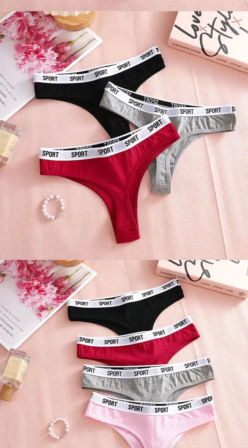 FINETOO 4-pack women's cotton sport thongs with SPORT waistband in black, gray, red, pink - Simples Market