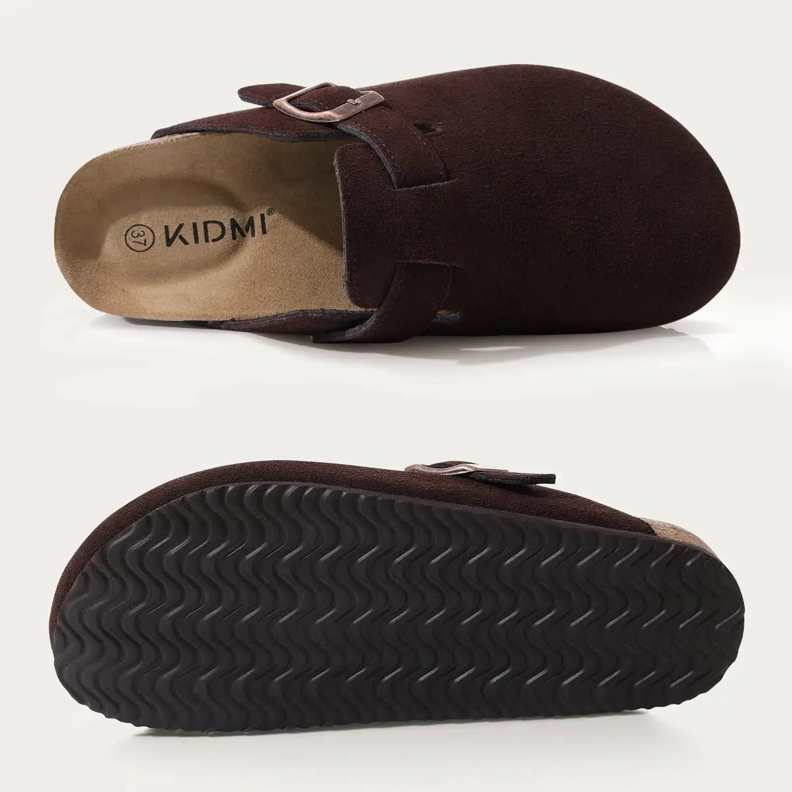 Litfun suede women's clogs with adjustable copper-buckle strap and KIDMI insole, brown