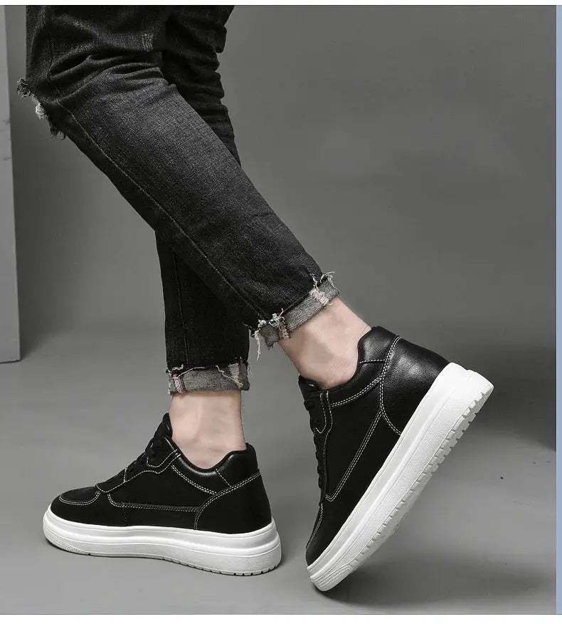 Men's black leather elevator sneakers with a white chunky sole for casual, height-increasing style.