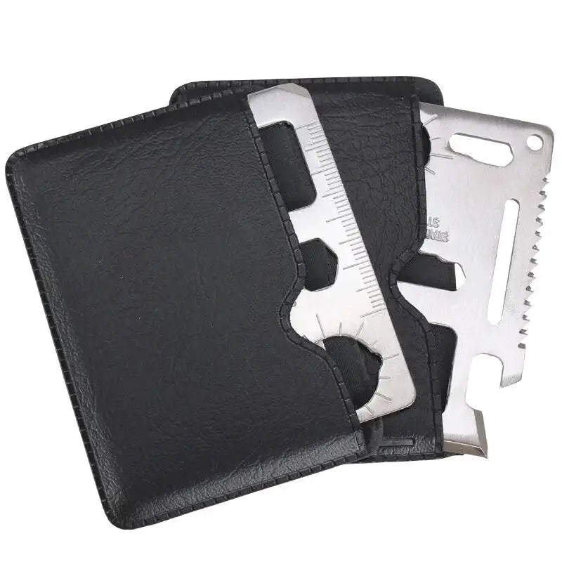 Wallet card knife EDC multi-tool in black leather with three stainless steel tool cards