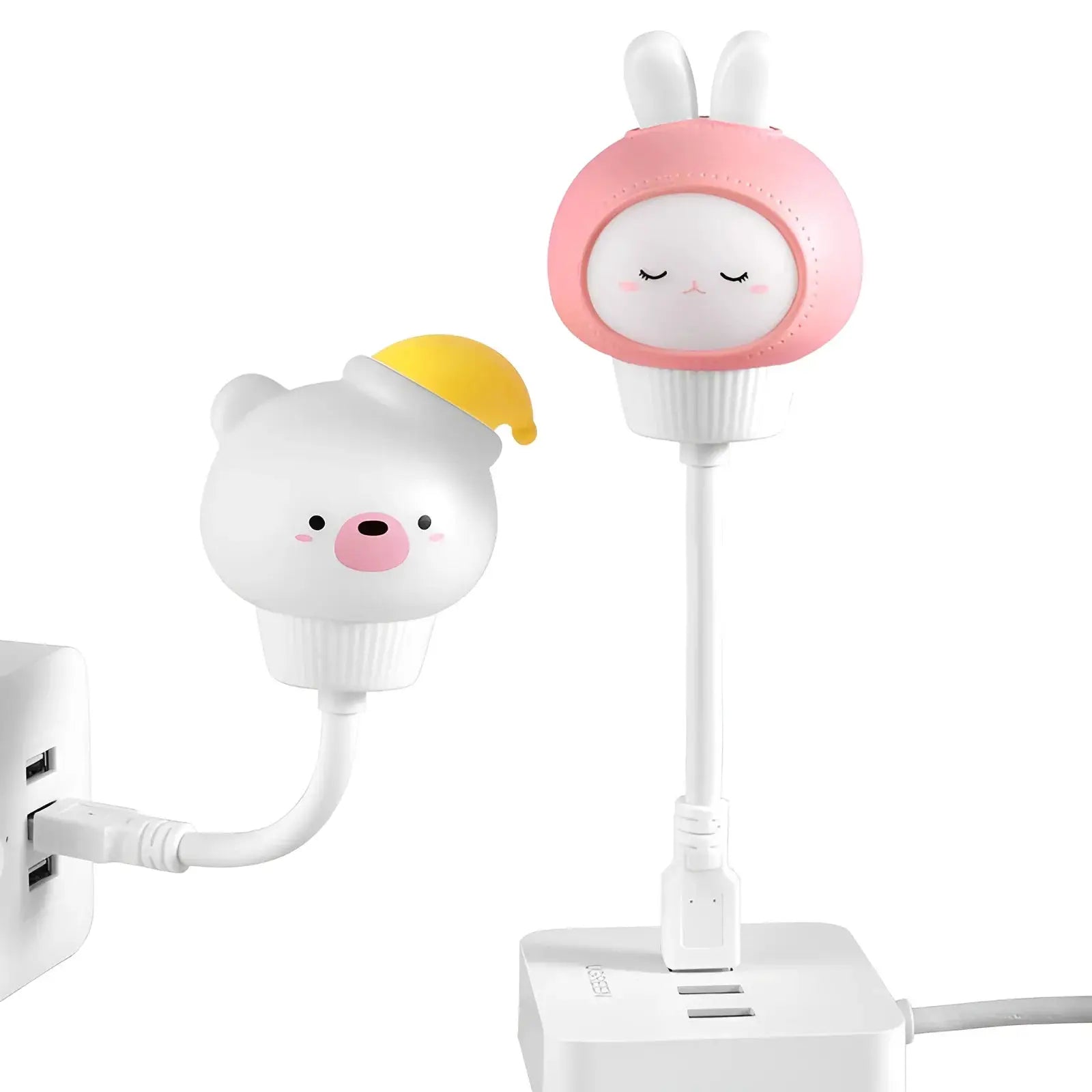 USB night light with two cute cartoon animals: white bear with yellow hat and pink bunny, for kids' room