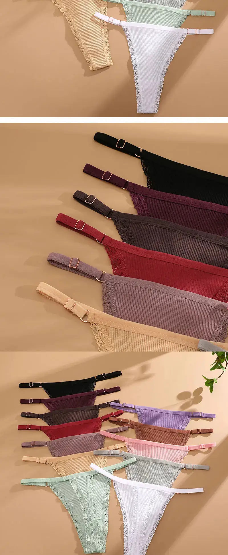 5-piece cotton G-string thong set with lace trim in assorted colors and adjustable waist.