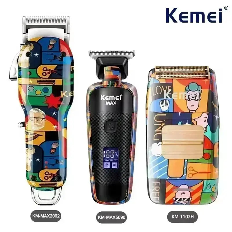 Kemei professional graffiti-pattern electric trimmer set with KM-MAX2092, KM-MAX5090 and KM-1102H