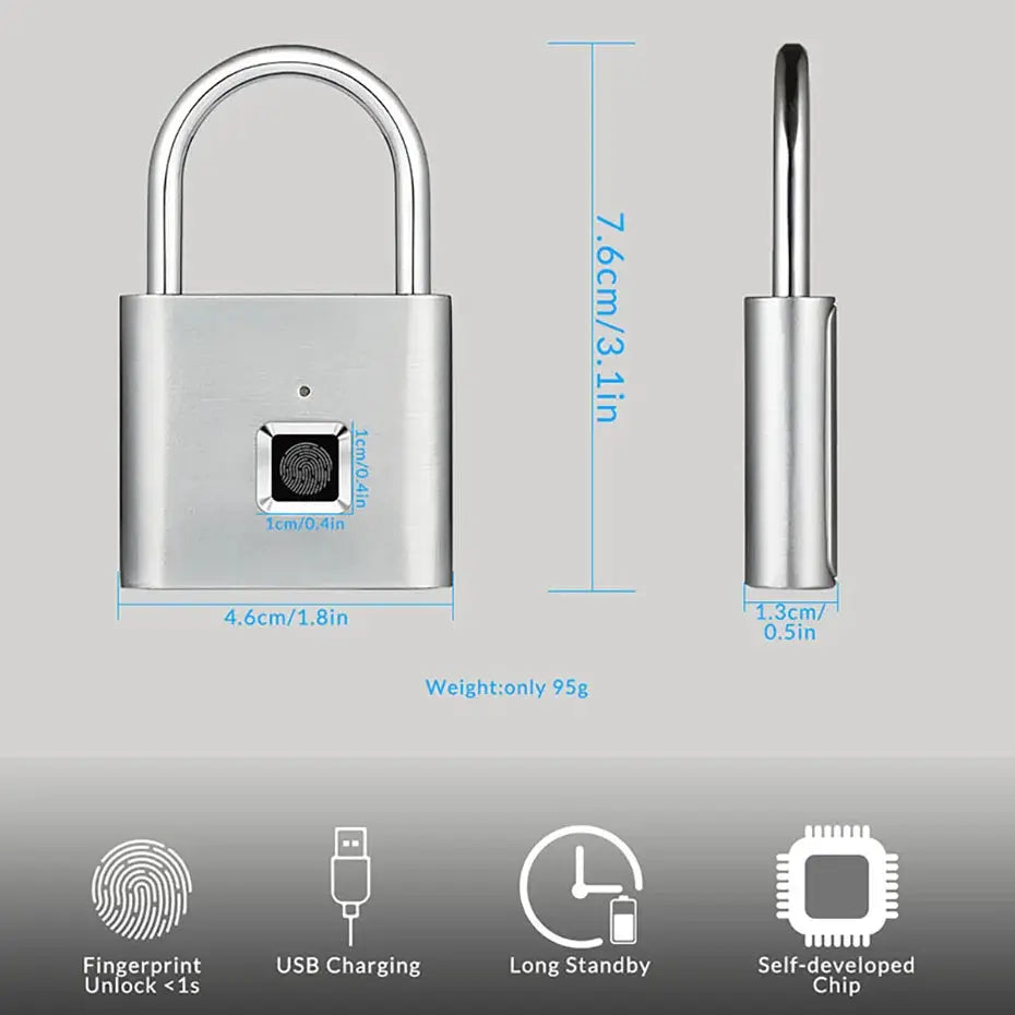 Smart fingerprint padlock with USB charging; silver zinc alloy, waterproof, unlock in 0.2s