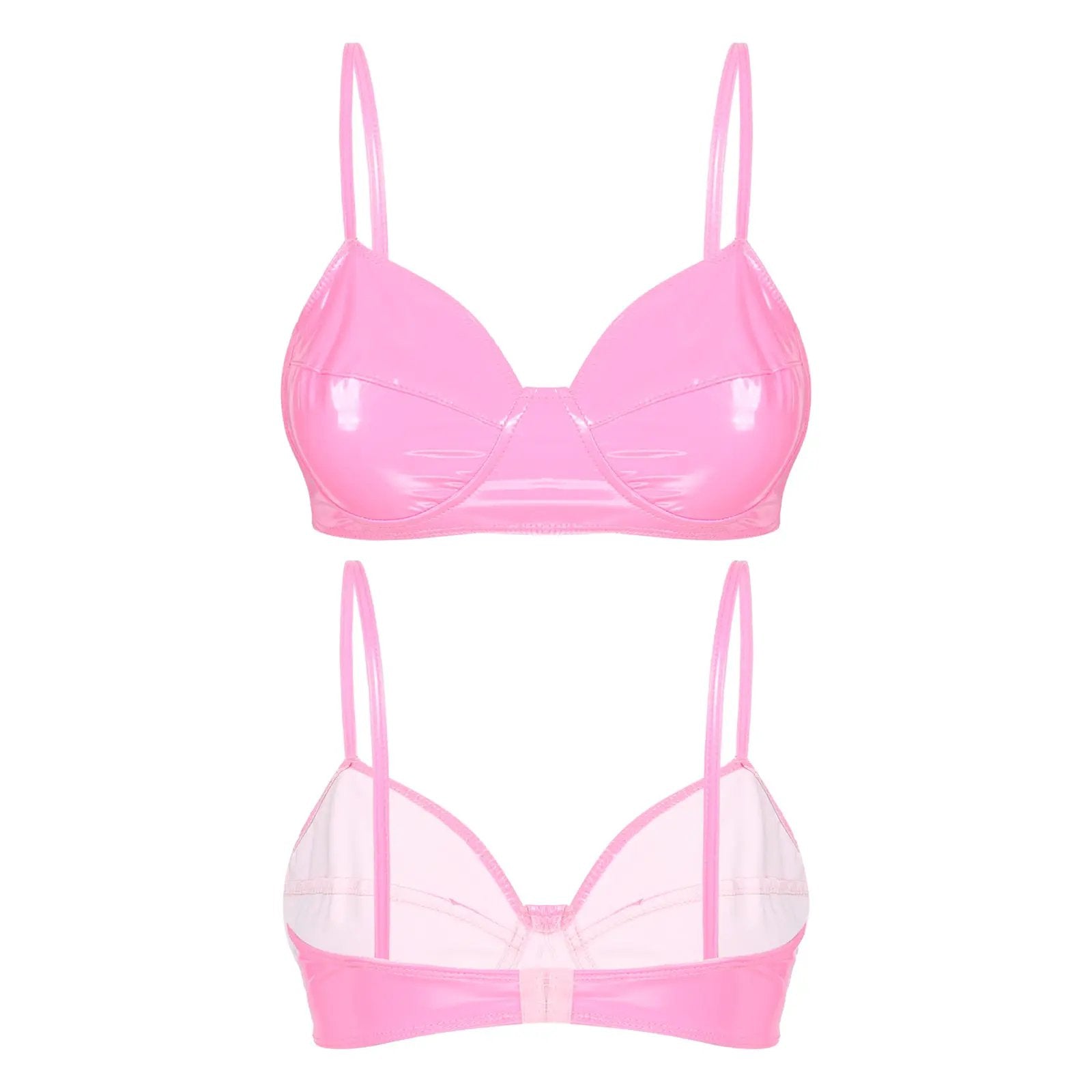Two pink glossy patent leather bra tops for clubwear and rave lingerie