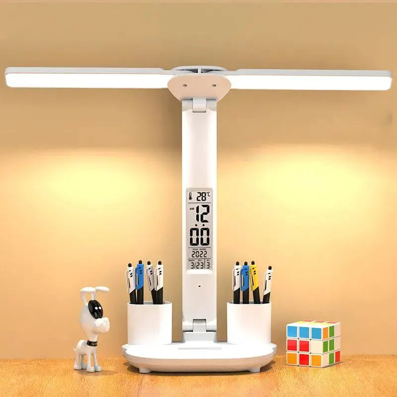 LED Clock Desk Lamp by Simples Market, white two-head light with built-in digital clock.