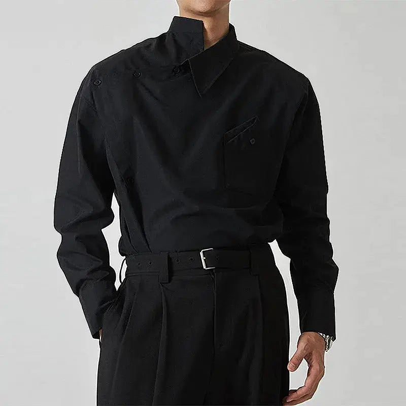 Irregular-design black men's shirt with stand collar and chest pocket by Simples Market.