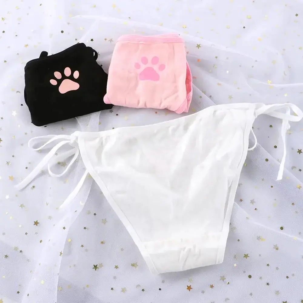 Sexy bandage Lolita panties; white low-waist thong with side ties; 3-piece set with black and pink paw-print pouches